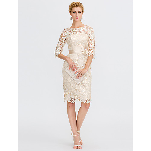 

Sheath / Column Mother of the Bride Dress Plus Size Elegant Illusion Neck Knee Length All Over Lace 3/4 Length Sleeve with Bow(s) 2021