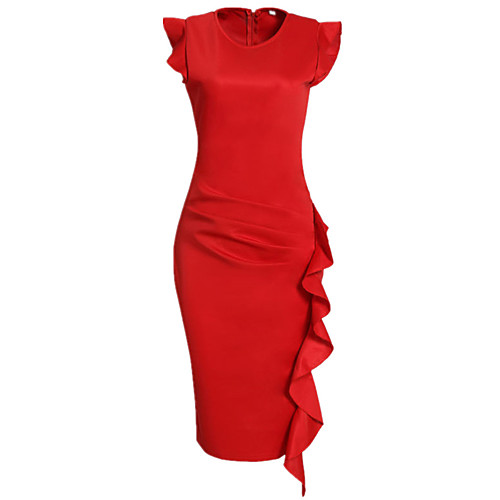 

Women's Bodycon Knee Length Dress Black Blue Red Sleeveless Red Solid Colored Ruched Ruffle Summer Round Neck Ruffle S M L XL XXL