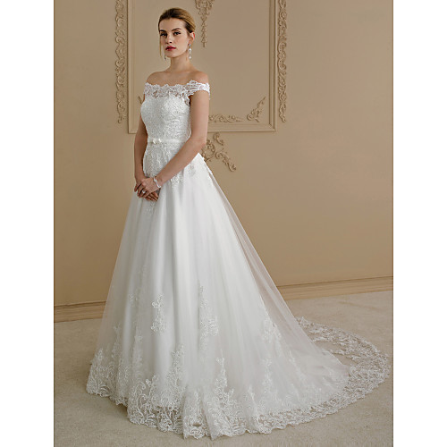 

Ball Gown Wedding Dresses Off Shoulder Court Train Lace Tulle Cap Sleeve Country Glamorous See-Through Plus Size Backless with Sashes / Ribbons Bow(s) Buttons 2021