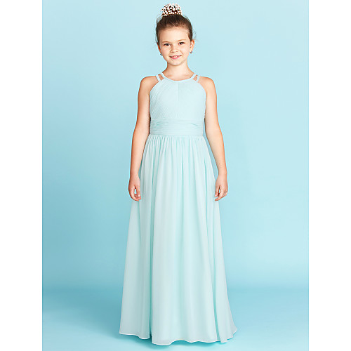 

Princess / A-Line Jewel Neck Floor Length Chiffon Junior Bridesmaid Dress with Ruched / Side-Draped / Wedding Party / Open Back