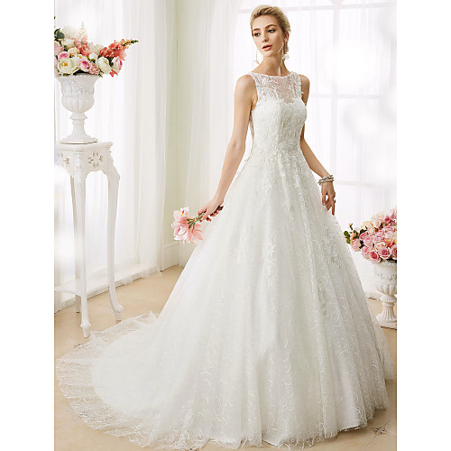 

Ball Gown Wedding Dresses Bateau Neck Court Train Beaded Lace Regular Straps See-Through Beautiful Back with Beading Appliques 2021