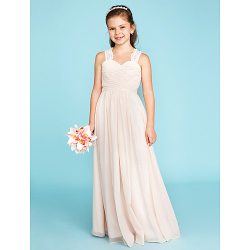 

Princess / A-Line Strap Floor Length Chiffon / Lace Junior Bridesmaid Dress with Ruched / Side-Draped / Wedding Party