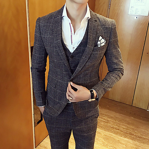 

Brown / Gray Houndstooth / Plaid Polyester Men's Suit - Shirt Collar / Fall / Spring / Long Sleeve / Work / Plus Size