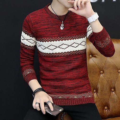 

Men's Casual Geometric Pullover Cotton Long Sleeve Regular Sweater Cardigans Round Neck Fall Winter Black Wine Brown