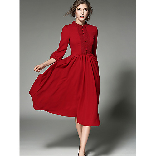 

Women's Sheath Dress Midi Dress Red 3/4 Length Sleeve Solid Colored Spring Summer Stand Collar Streetwear Chinoiserie Going out S M L XL XXL