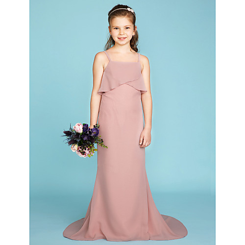 

Sheath / Column Spaghetti Strap Sweep / Brush Train Chiffon Junior Bridesmaid Dress with Tiered / Wedding Party / Open Back