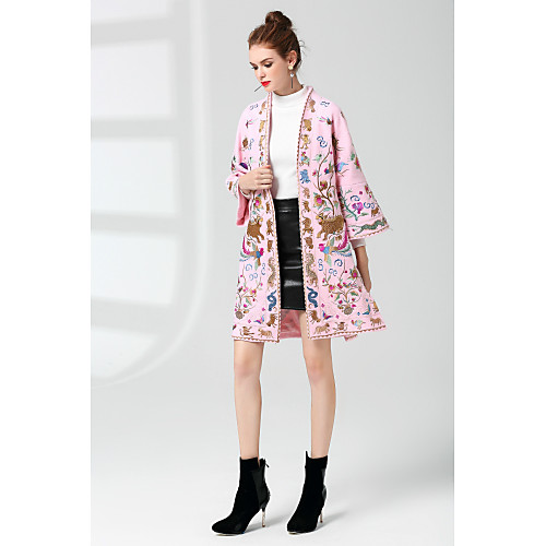 

Women's Coat Floral Embroidered Streetwear Fall Coat Long Going out Long Sleeve Wool Coat Tops Black