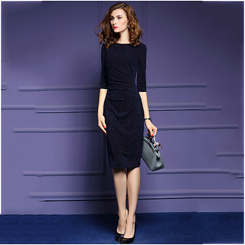 

Women's Bodycon Knee Length Dress Navy Blue Half Sleeve Solid Colored Fall Round Neck Streetwear M L XL XXL 3XL / Plus Size