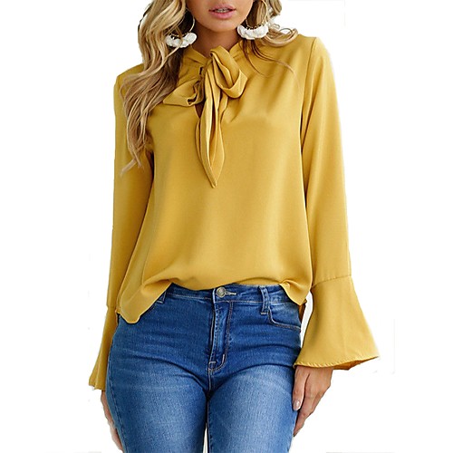

Women's Blouse Solid Colored Long Sleeve Party Tops Black Yellow Blushing Pink