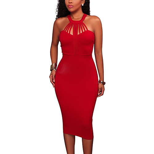 

Women's Bodycon Midi Dress Blue Red Blushing Pink Sleeveless Red Solid Colored Cut Out Fall Summer Halter Neck S M L XL XXL