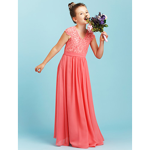 

Princess / A-Line V Neck Floor Length Chiffon / Lace Junior Bridesmaid Dress with Sash / Ribbon / Pleats