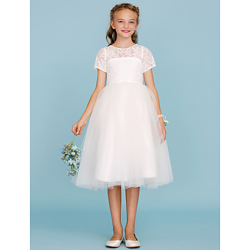 

Ball Gown Crew Neck Knee Length Lace / Tulle Junior Bridesmaid Dress with Pleats / Wedding Party