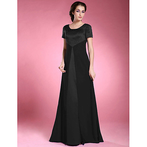 

A-Line Mother of the Bride Dress Elegant Scoop Neck Floor Length Chiffon Satin Short Sleeve with Beading 2021