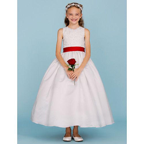 

Ball Gown Crew Neck Ankle Length Lace / Satin Junior Bridesmaid Dress with Sash / Ribbon / Bow(s) / Beading / Color Block / Wedding Party