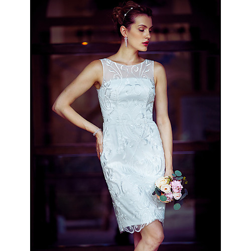 

Sheath / Column Wedding Dresses Bateau Neck Knee Length Metallic Lace Sleeveless Little White Dress See-Through with Lace 2021