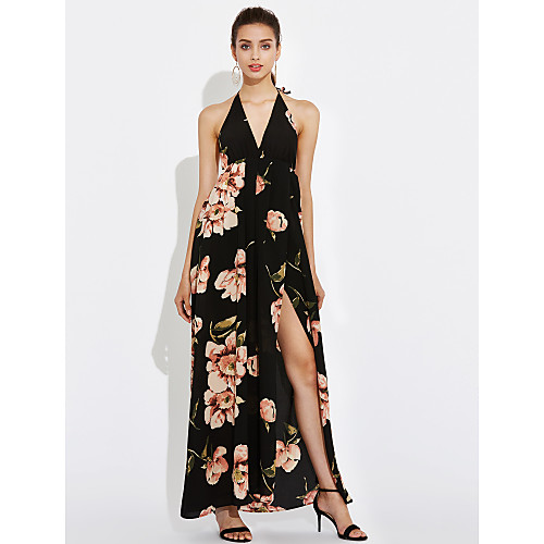 

Women's Strap Dress Maxi long Dress Black Sleeveless Floral Sequins Fall Summer Streetwear Cotton Backless S M L