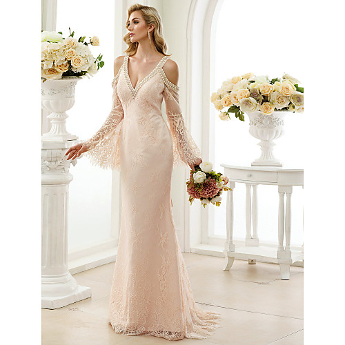 

Sheath / Column Wedding Dresses Plunging Neck Sweep / Brush Train Sheer Lace Long Sleeve Wedding Dress in Color Open Back Floral Lace with Bow(s) Crystals 2021