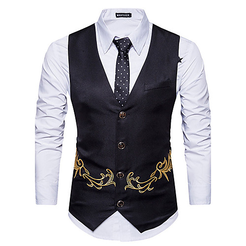 

Black / Khaki / Navy Blue Slim Polyester Men's Suit - V Neck / Fall / Winter / Sleeveless / Print