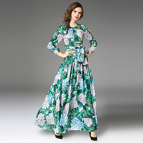 

Women's A Line Dress Maxi long Dress Green Long Sleeve Floral Pleated Bow Fall Winter Round Neck Vintage Sophisticated Party Going out Puff Sleeve Floral S M L XL XXL
