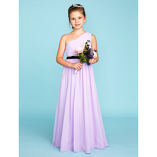 

Princess / A-Line One Shoulder Floor Length Chiffon Junior Bridesmaid Dress with Sash / Ribbon / Side Draping / Color Block / Wedding Party