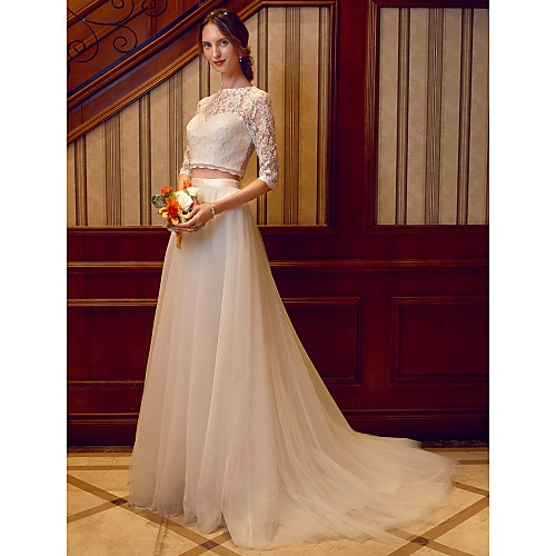 

Two Piece Wedding Dresses Jewel Neck Court Train Tulle Over Lace Corded Lace Half Sleeve See-Through Illusion Sleeve with Sashes / Ribbons 2021