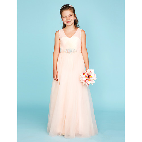 

Princess / A-Line V Neck Floor Length Tulle Junior Bridesmaid Dress with Criss Cross / Crystals / Wedding Party