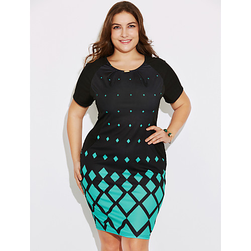 

Women's Bodycon Knee Length Dress Black Short Sleeve Geometric Print Spring Summer Round Neck L XL XXL 3XL 4XL 5XL 6XL / Plus Size