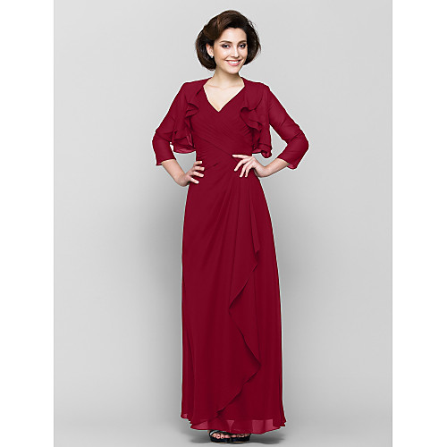 

Sheath / Column Mother of the Bride Dress Convertible Dress V Neck Floor Length Chiffon 3/4 Length Sleeve with Criss Cross Cascading Ruffles 2021