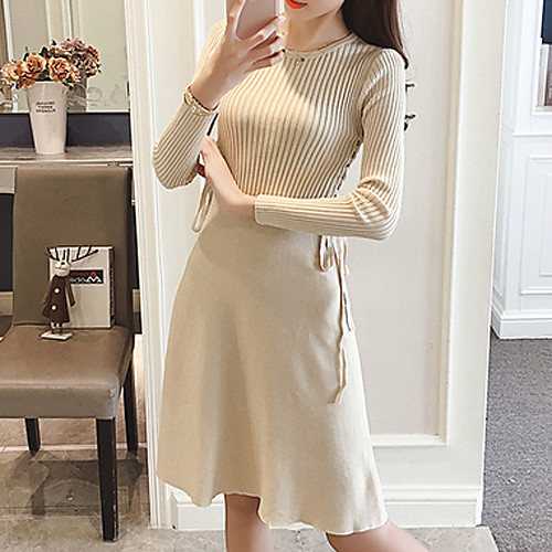 

Women's A Line Dress Knee Length Dress Black Beige Long Sleeve Solid Colored Fall Winter Round Neck S M L