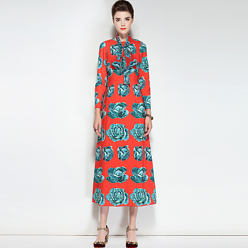 

Women's A Line Dress Midi Dress Red Long Sleeve Floral Print Fall Winter Round Neck Streetwear Boho Party Going out S M L XL