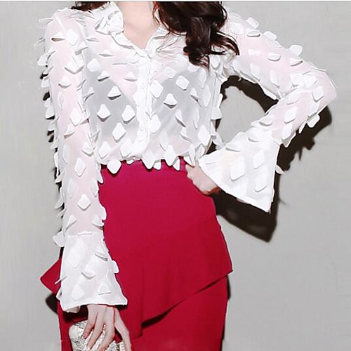 

Women's Shirt Solid Colored Beaded Long Sleeve Daily Tops White