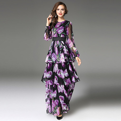 

Women's A Line Dress Maxi long Dress Purple Long Sleeve Patchwork Layered Fall Winter Round Neck Vintage Sophisticated Party Going out Floral S M L XL XXL