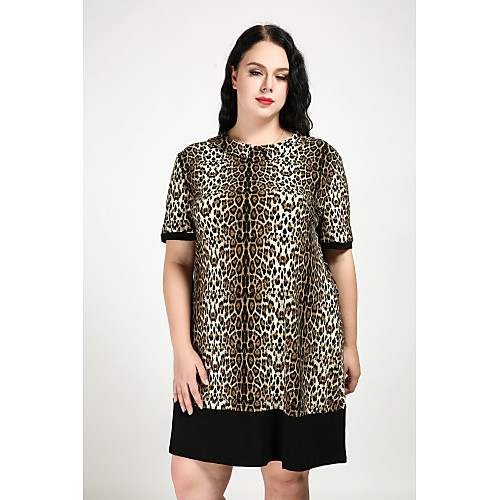 

Women's Shift Dress Knee Length Dress Light Brown Short Sleeve Leopard Fall Round Neck Cotton XXL 3XL 4XL 5XL 6XL / Plus Size / Plus Size