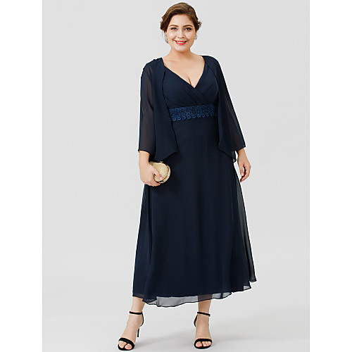 

A-Line Mother of the Bride Dress Elegant & Luxurious Plus Size Two Piece V Neck Tea Length Chiffon Sleeveless with Sash / Ribbon Appliques 2021
