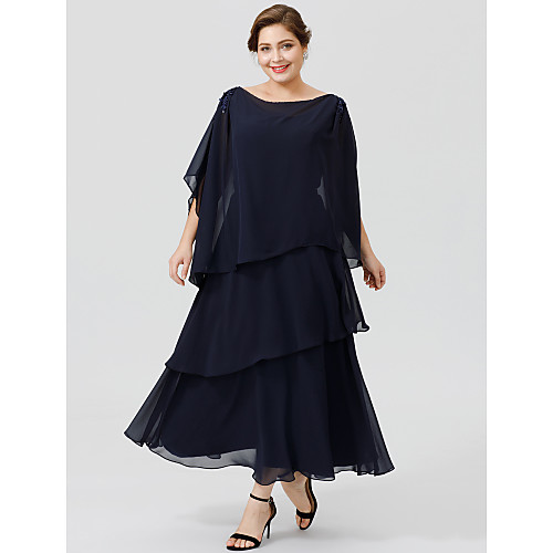 

Ball Gown Mother of the Bride Dress Classic & Timeless Elegant & Luxurious Plus Size Cowl Neck Ankle Length Tea Length Chiffon Short Sleeve with Beading Tiered 2021