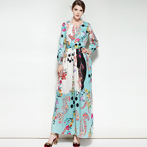 

Women's Swing Dress Maxi long Dress Blue Long Sleeve Floral Fall Winter Round Neck Party Cotton Floral S M L XL
