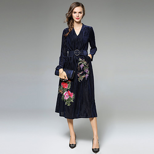 

Women's A Line Dress Midi Dress Blue Long Sleeve Floral Fall Winter V Neck Vintage Sophisticated Party Going out Velvet