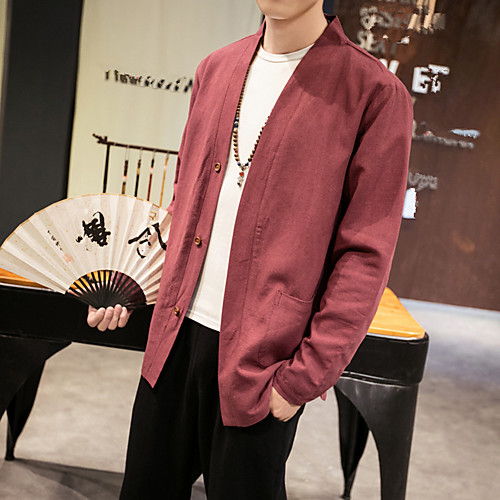 

Men's Basic Jackets Solid Colored Chinoiserie Fall Jacket Regular Daily Long Sleeve Linen Coat Tops White