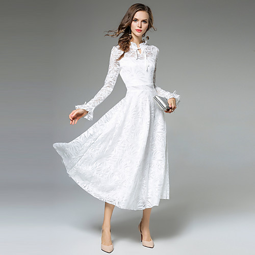 

Women's A Line Dress Midi Dress White Long Sleeve Solid Colored Lace Fall Winter Stand Collar Party Going out Lace S M L XL XXL