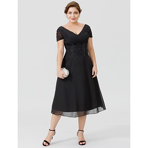 

A-Line V Neck Tea Length Chiffon Short Sleeve Little Black Dress / Plus Size / See Through Mother of the Bride Dress with Beading / Side Draping Mother's Day 2020 / Illusion Sleeve