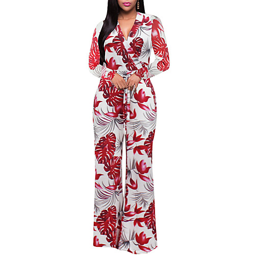 

Women's Vintage Boho Holiday Going out V Neck Wide Leg Red Rainbow Jumpsuit Floral Geometric Color Block