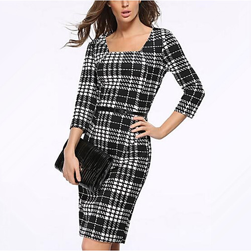

Women's Bodycon Knee Length Dress Black 3/4 Length Sleeve Check Spring Summer Square Neck S M L XL XXL 3XL