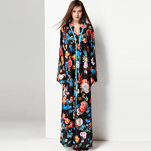 

Women's Jalabiya Maxi long Dress Black Long Sleeve Floral Fall Winter V Neck Streetwear Boho Party Cotton Floral S M L XL XXL 3XL