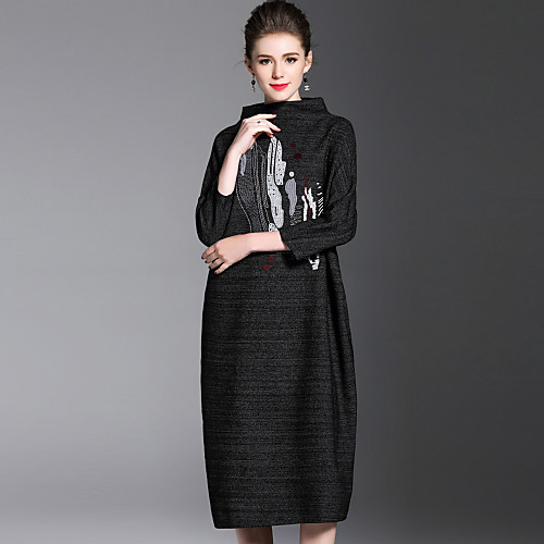 

Women's Loose Midi Dress Black 3/4 Length Sleeve Embroidered Print Fall Winter Stand Collar Dresses Fashion Going out Loose S M L XL