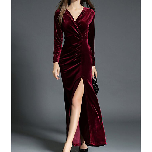 

Women's Swing Dress Maxi long Dress Black Wine Green Long Sleeve Solid Colored Fall Winter V Neck Velvet S M L XL