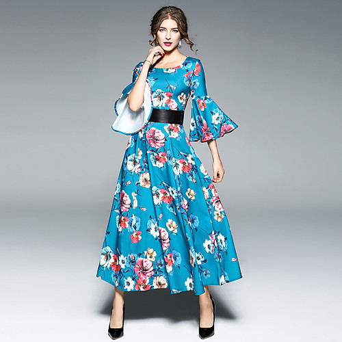 

Women's A Line Dress Midi Dress Blue 3/4 Length Sleeve Floral Fall Winter Round Neck Party Going out Flare Cuff Sleeve