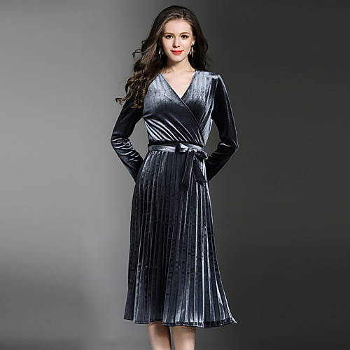 

Women's A Line Dress Knee Length Dress Gray Long Sleeve Solid Colored Fall Winter V Neck Vintage Sophisticated Party Going out Velvet Velvet S M L XL XXL
