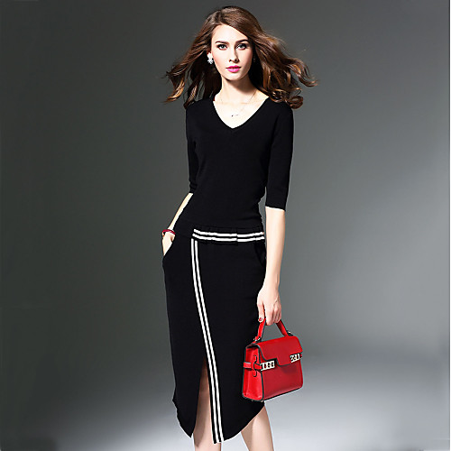 

Women's Sheath Dress Midi Dress Black Half Sleeve Solid Colored Fall Spring V Neck Streetwear Split S M L XL XXL 3XL / Plus Size