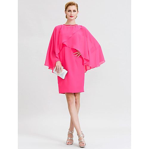 

Sheath / Column Mother of the Bride Dress Elegant Jewel Neck Knee Length Chiffon Long Sleeve with Crystals 2021
