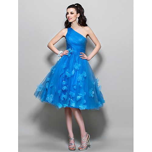 

A-Line 1950s Cocktail Party Prom Dress One Shoulder Sleeveless Knee Length Tulle with Ruched Appliques 2021
